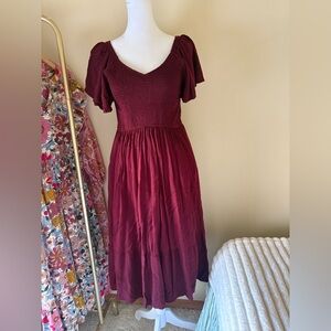 Smocked Burgundy Midi Dress with Flutter Sleeves